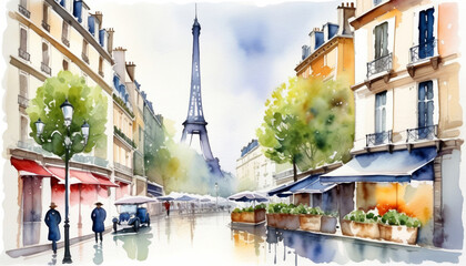 Watercolor illustration of a picturesque Paris street view with the Eiffel Tower, ideal for travel themes, French culture, and Bastille Day celebrations