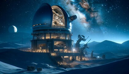 Fototapeta na wymiar Celestial Observatory on Icy Planet - Exploration and Discovery Generative AI