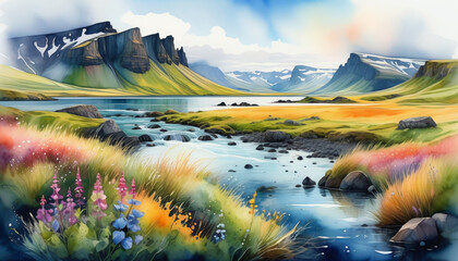 Vibrant digital painting of a serene Icelandic landscape with wildflowers and rugged mountains, ideal for travel themes and Earth Day promotions - obrazy, fototapety, plakaty