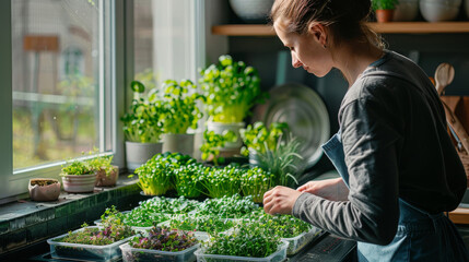 Woman tending to the plants on the kitchen windowsill. Containers of microgreens are on the kitchen windowsill. Raw food, healthy eating concept. Generative ai