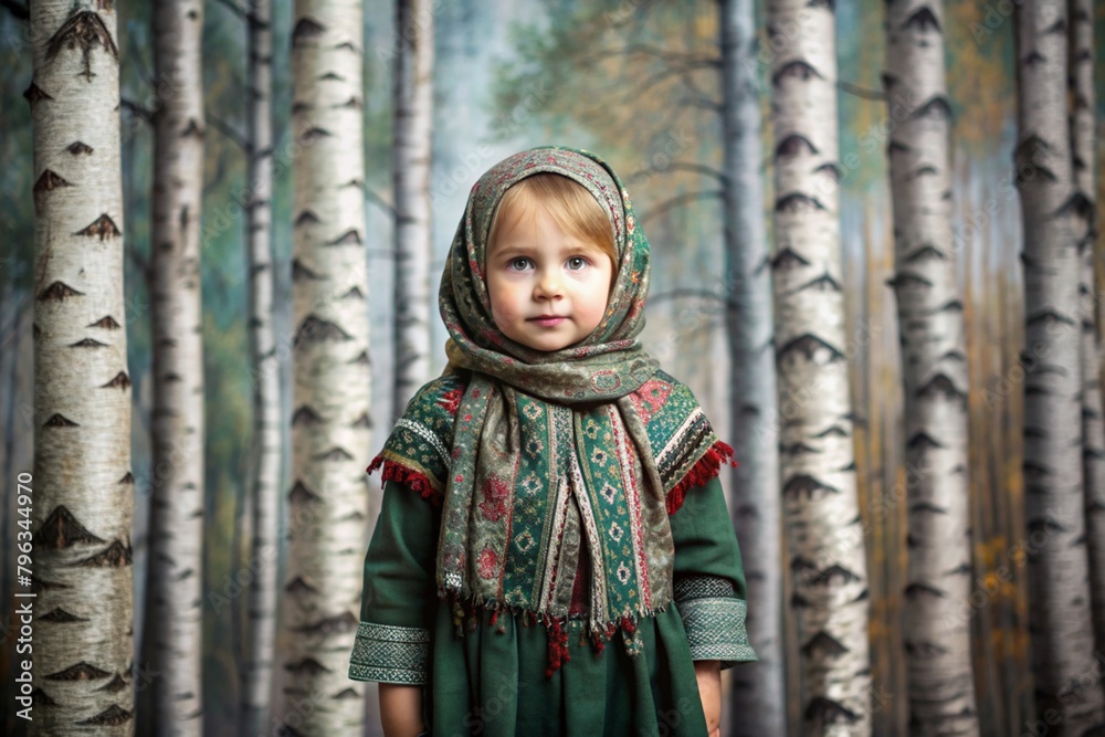 Wall mural Russian folk traditions. Russian flavor. A cute little girl in a national Russian dress and headscarf in a beautiful birch grove. Portrait of a beautiful girl in a birch forest.