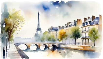 Watercolor painting of a picturesque Parisian landscape featuring the Eiffel Tower and Seine River bridge, ideal for travel and romance themed designs - obrazy, fototapety, plakaty