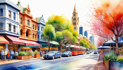 Obraz premium Vibrant autumn cityscape illustration with a tram, pedestrians, and historic architecture, ideal for travel and seasonal themes
