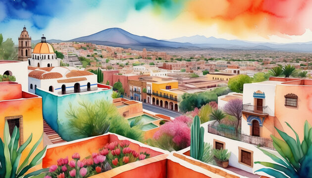 Colorful watercolor painting of a traditional Mexican town with vibrant buildings and a church, evoking Cinco de Mayo and Hispanic heritage celebrations