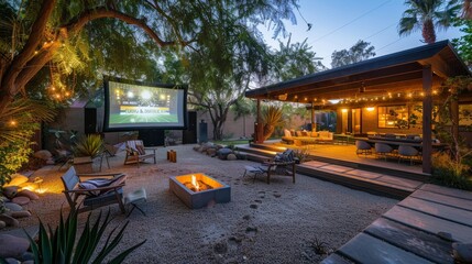 Obraz premium Cozy outdoor cinema with soft summer lighting, pillows in backyard with large fabric as screen on wall for romantic date. Movie night at summer garden concept. Generative ai