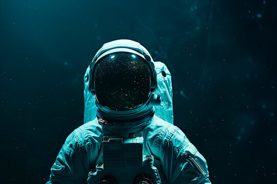 An astronaut is wearing a helmet and is looking at the camera, the image has a futuristic and space-like feel to it