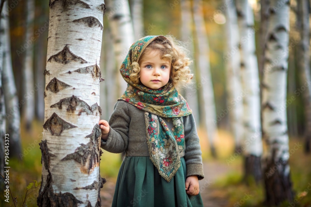 Wall mural Russian folk traditions. Russian flavor. A cute little girl in a national Russian dress and headscarf in a beautiful birch grove. Portrait of a beautiful girl in a birch forest.