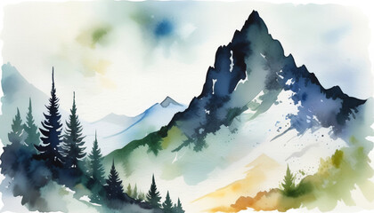 Watercolor landscape painting of majestic mountains with evergreen trees, ideal for nature themes, travel brochures, and Earth Day promotions