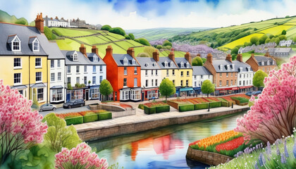 Quaint English riverside town with colorful houses and blooming springtime gardens, ideal for travel and real estate concepts - obrazy, fototapety, plakaty