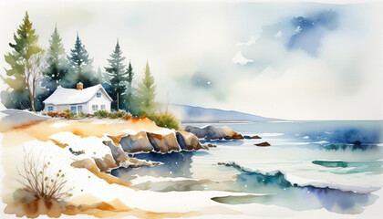 Watercolor illustration of a serene winter coastline scene with a quaint cottage, evoking tranquility and related to Christmas or seasonal holidays - obrazy, fototapety, plakaty