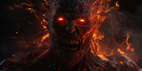 A man with red eyes and a mouth open in a fiery explosion. Scene is intense and scary