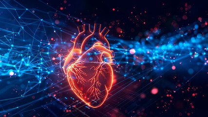 A three-dimensional heart connected with lines, concept life technology and futurism