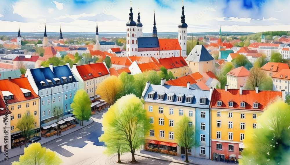 Sticker Idyllic European town with colorful buildings and churches, depicting springtime or European culture, suitable for travel and architecture themes