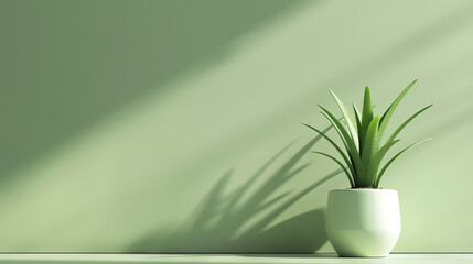 Potted aloe plant in minimalist white vase, green wall 