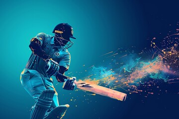 Cricket batsman playing on the blue background giving a six shot - obrazy, fototapety, plakaty