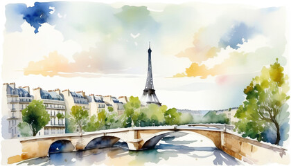 Impressionistic watercolor illustration of Paris skyline with Eiffel Tower and Seine River bridge, ideal for travel, romance, and Bastille Day themes