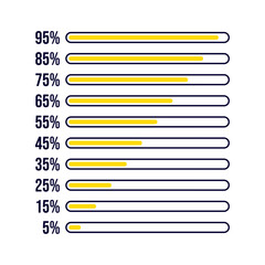 Circle Loading and Progress Bars Collection, Progress bar, Percentage circle set. Loading indicator set, 5%, 15%, 25%, 35%, 45%, 55%, 65%, 75%, 85%, 95%, Set of percentage diagrams for infographics, 