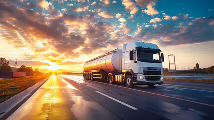 A large tanker truck carrying petroleum products travels down a highway, ready to deliver fuel to industrial locations