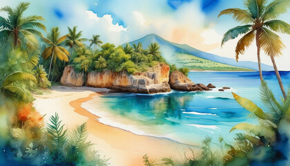 Tropical beach paradise with palm trees and clear blue water, ideal for travel brochures and summer vacation promotions