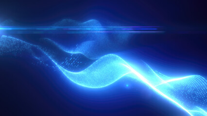 Blue energy futuristic waves with light rays and energy particles. Abstract background