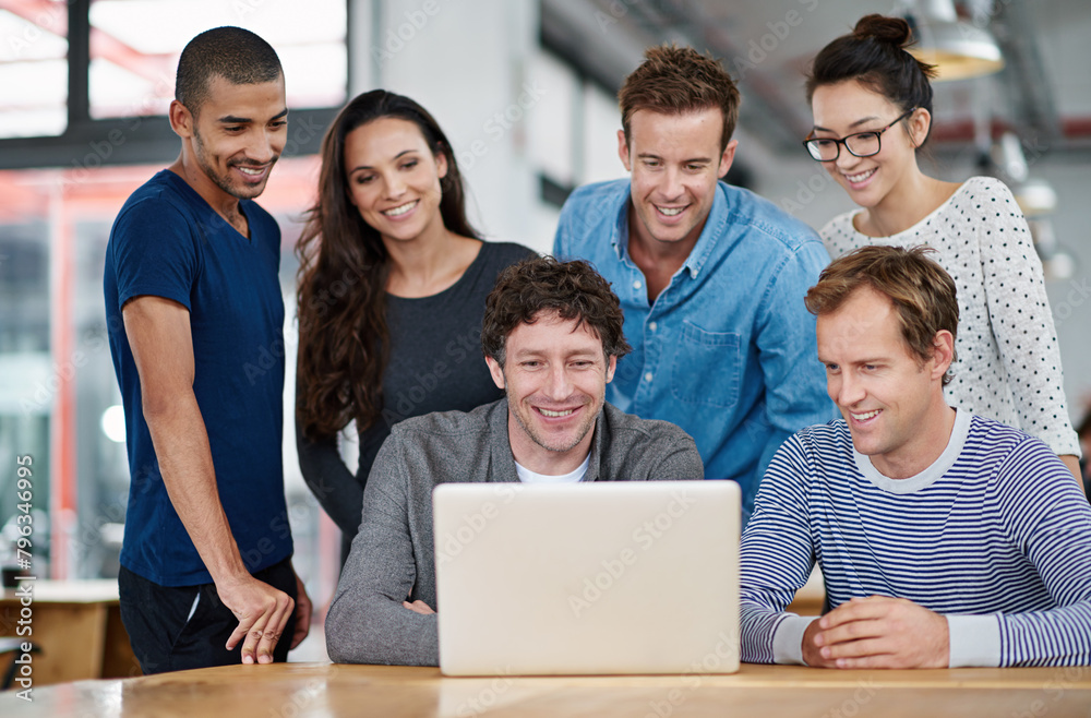 Poster people, office and team with laptop, smile and collaboration in company with happy. social media, le