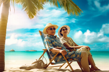An elderly man and woman sit peacefully on a sandy beach, enjoying the tranquil surroundings of a palm tree by the sea