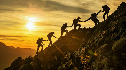 A group of adventurous individuals courageously climbing up the rugged side of a majestic mountain, against a backdrop of breathtaking scenery