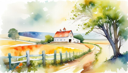 Idyllic watercolor painting of a rural landscape with a cozy farmhouse, signifying tranquility and country living, suitable for themes of agriculture and pastoral life