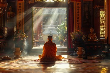 A monk sits in a room with a lot of sunlight coming in through the windows - Powered by Adobe