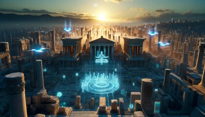 Fototapeta na wymiar Ancient City Reborn Through Futuristic Technology - Dawn of Heritage and Innovation Generative AI