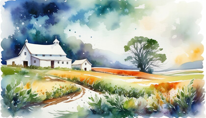 Fototapeta premium Watercolor illustration of a tranquil countryside scene with white farmhouse, fields, and a tree under a celestial dusk sky, ideal for rural living and harvest themes