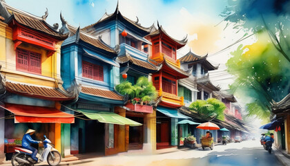 Obraz premium Vibrant digital artwork of a traditional Asian street with colorful architecture and a motorcyclist, evoking Chinese New Year and cultural heritage themes