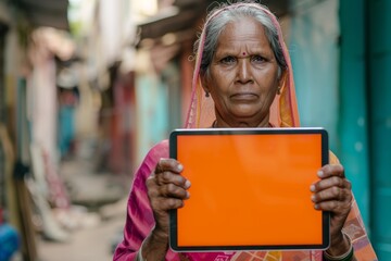 Screen display indian woman in her 50s holding a tablet with an entirely orange screen
