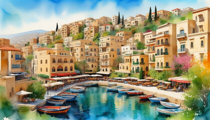 Obraz premium Idyllic Mediterranean coastal town with colorful buildings and moored boats, ideal for travel, summer vacations, and tourism brochures