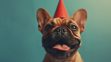 Cute dog celebrating with red party hat and blowout on blue background - obrazy, fototapety, plakaty