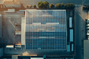 The roof of a warehouse covered in solar panels, capturing sunlight to power sustainable business operations.