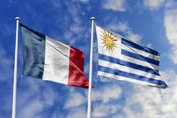 3d illustration. France and Uruguay Flag waving in sky. High detailed waving flag. 3D render. Waving in sky. Flags fluttered in the cloudy sky.