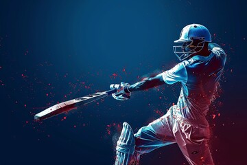 Cricket batsman playing on the blue background giving a six shot