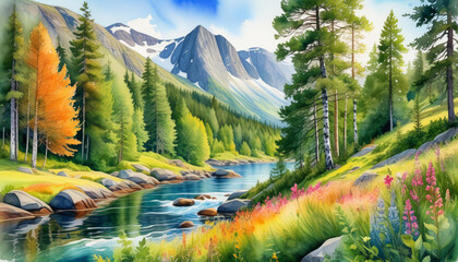 Idyllic mountain river landscape with vibrant autumn foliage, serene nature for outdoor activities and Earth Day concepts; no people depicted