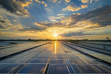 The sun setting over a warehouse rooftop covered in solar panels, symbolizing a commitment to sustainability.