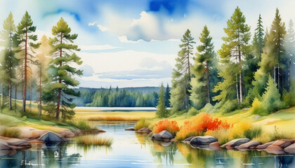 Tranquil watercolor landscape of a serene lake surrounded by evergreen pine trees and colorful autumn foliage, ideal for Earth Day and outdoor relaxation themes