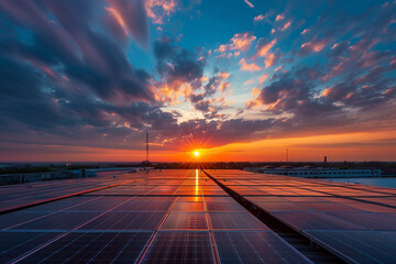 The sun setting over a warehouse rooftop covered in solar panels, symbolizing a commitment to sustainability.