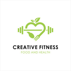 Fitness logo. Heart and barbell logo with food and health. Vector