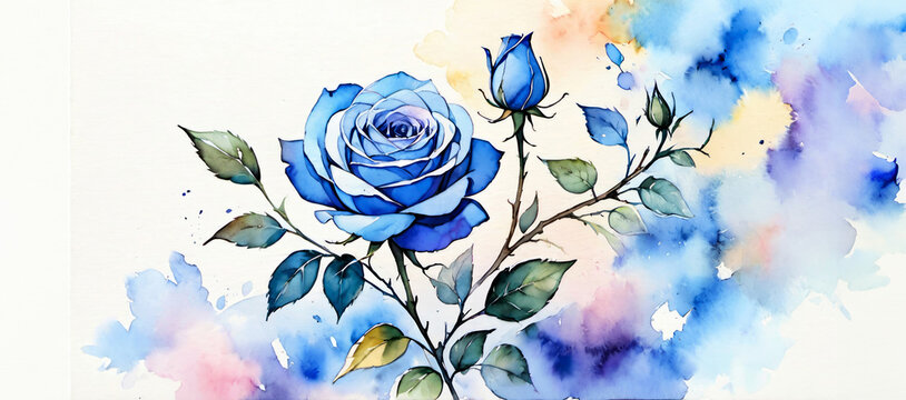 Watercolor illustration of a vibrant blue rose with splashes of color ideal for art, romance, and Mother's Day themes