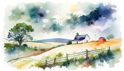 Fotobehang Idyllic watercolor landscape depicting a serene countryside with a farmhouse, suggestive of rural tranquility and Harvest Festival themes © fotogurmespb