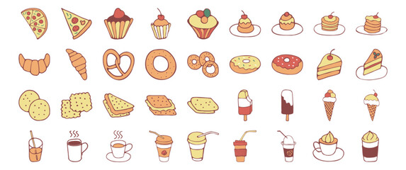 Icon set of food and drink, fast food, sweets, cookies, coffee. Hand drawn vector colorful doodles in line style. Line contour  in sketch style.