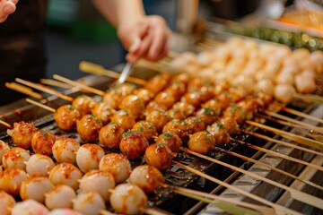 Naklejka premium person is cooking food on a grill with many different types of food