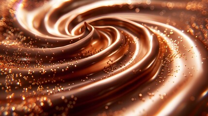 a hypnotic swirl of silky chocolate, its surface smooth and lustrous, on a copper background. - obrazy, fototapety, plakaty