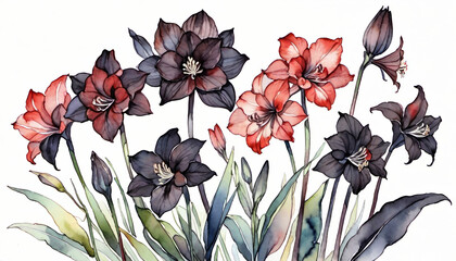 Elegant watercolor illustration of crimson and black amaryllis flowers, perfect for spring themes, Mother's Day, and botanical art collections - obrazy, fototapety, plakaty