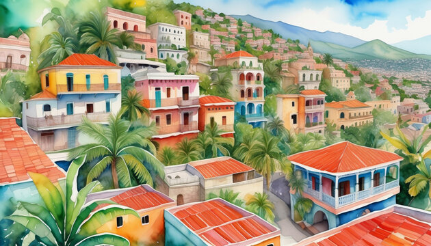 Colorful painted illustration of a vibrant Mediterranean village with terracotta rooftops and tropical foliage, ideal for travel and holiday themes